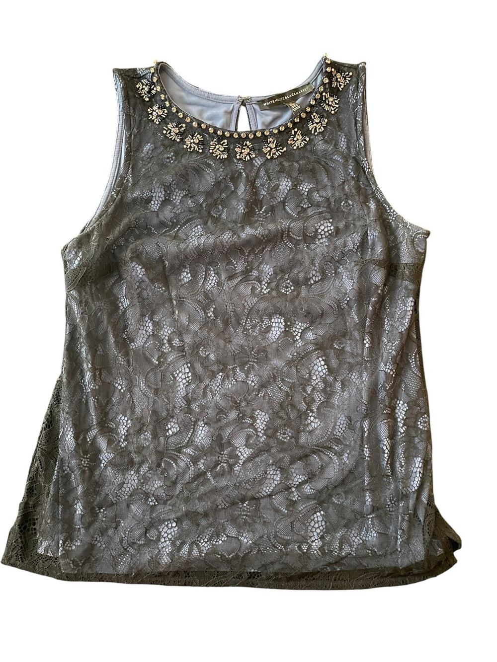 White House Black Market Blue Embellished Lace Sleeveless Blouse Size Small